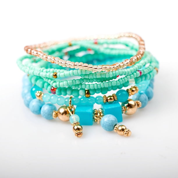 Nvzi Pulseras de cuentas apilables bohemias, juego de pulseras multicapa con dijes colgantes, brazaletes elásticos, verde