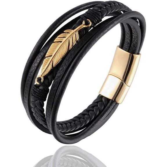 Mens Multilayer Braided Leather Bracelet Stainless Steel Angel Wing Feather Bracelet for Men