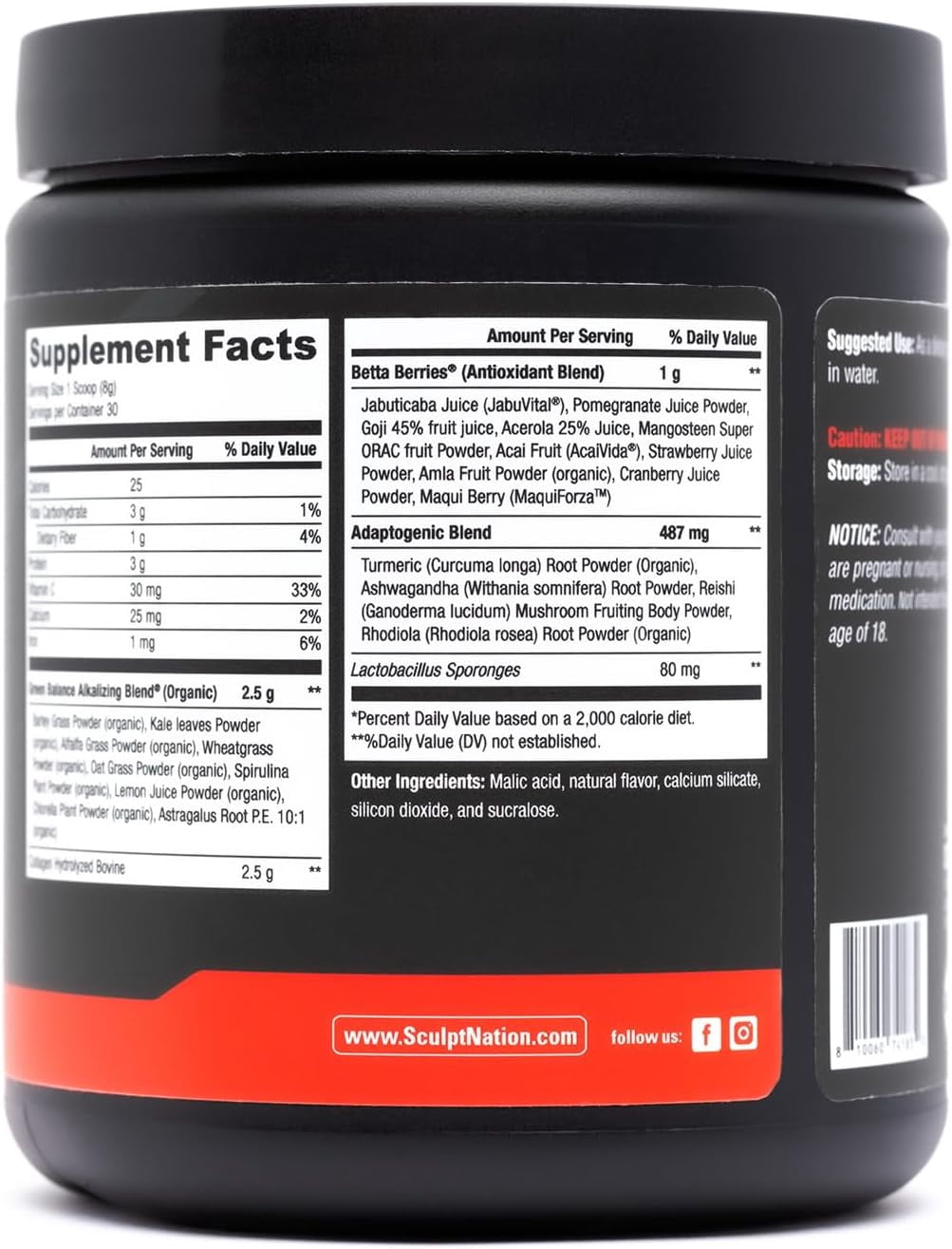 Sculpt Nation Greens Powder Superfood Blend Strawberry Flavor with Collagen 30 Servings 8.4305 Ounce