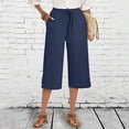 thumbnail image 2 of Miqool Capris Pants for Women Cotton Linen Casual Summer Straight Wide Leg Loose Palazzo Pants Drawstring Elastic Waist Lounge Cropped Trousers with Pockets, 2 of 9