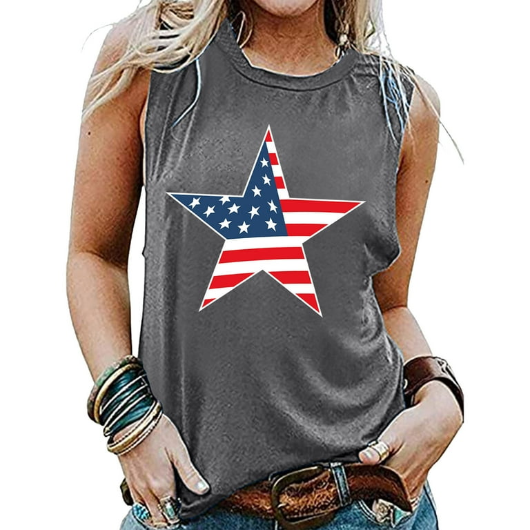 EHQJNJ Tank Tops for Women 2024 Plus Size Cotton Women Summer Independence  Day Sleeveless Round Neck Printing Tank Tops Casual T Shirts Blouse Top