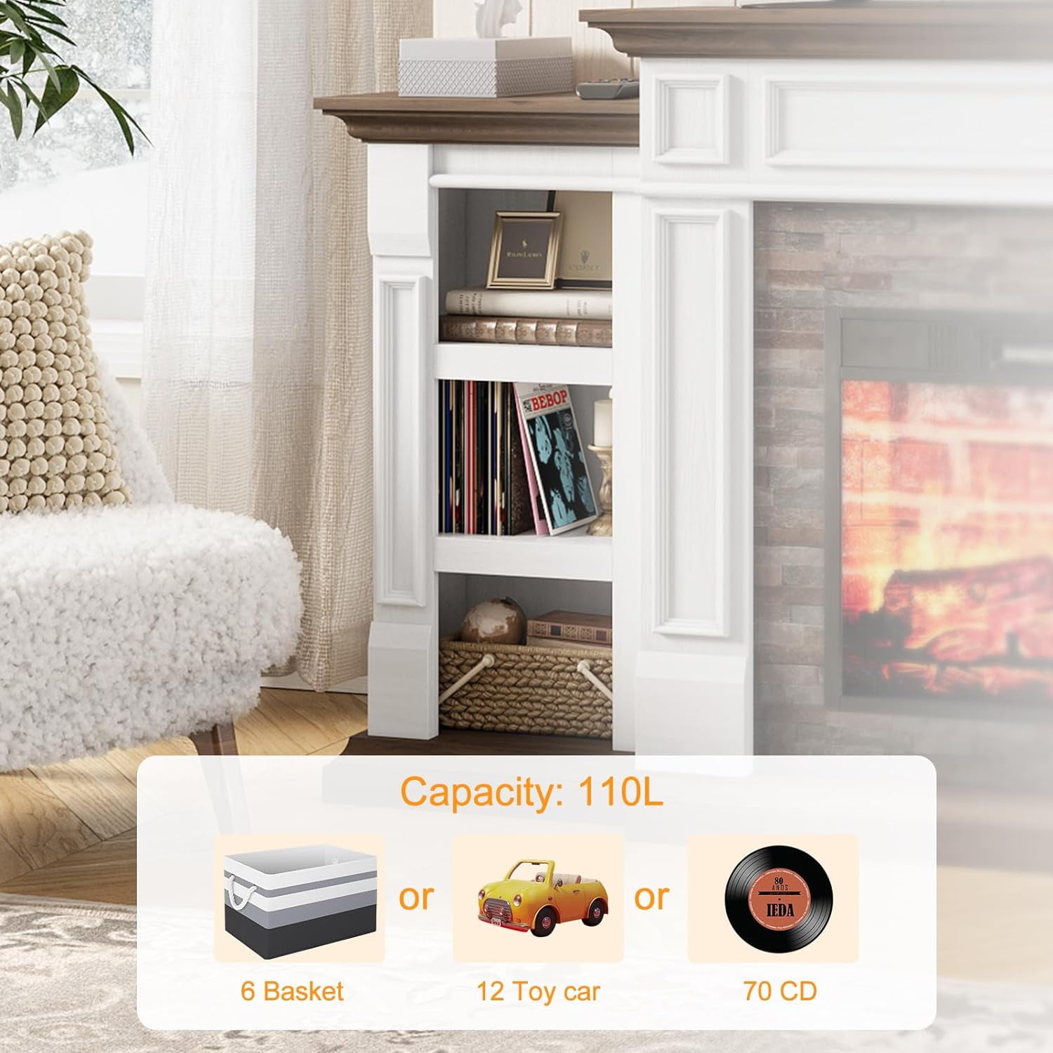 Holliwill 70" Electric Fireplace with Mantel, Farmhouse TV Stand for TVs up to 80 in, White & Brown