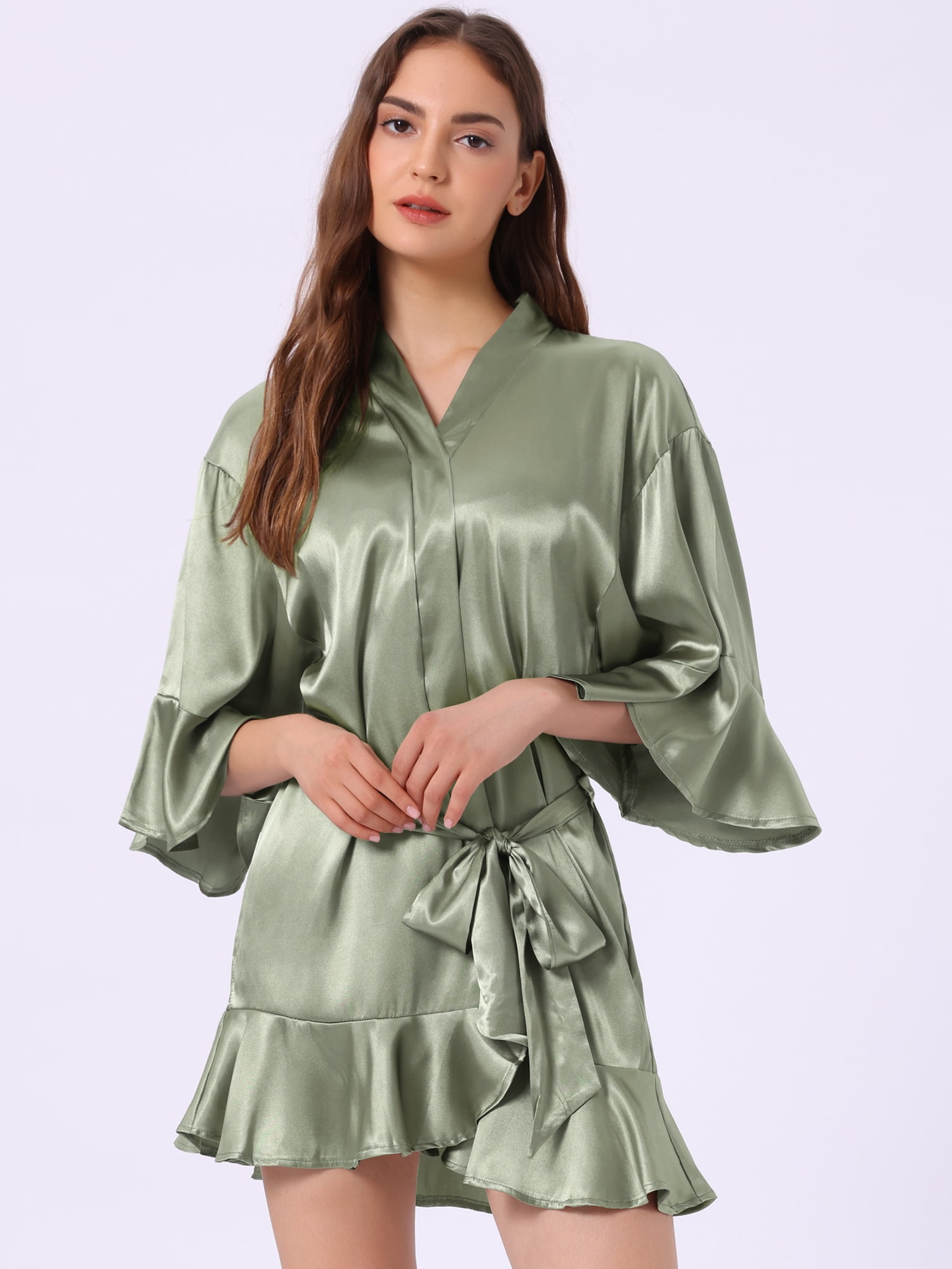 DARING DIVA Women's Satin Silky 3/4 Sleeves Tie Waist Loungewear Robes L Pea Green