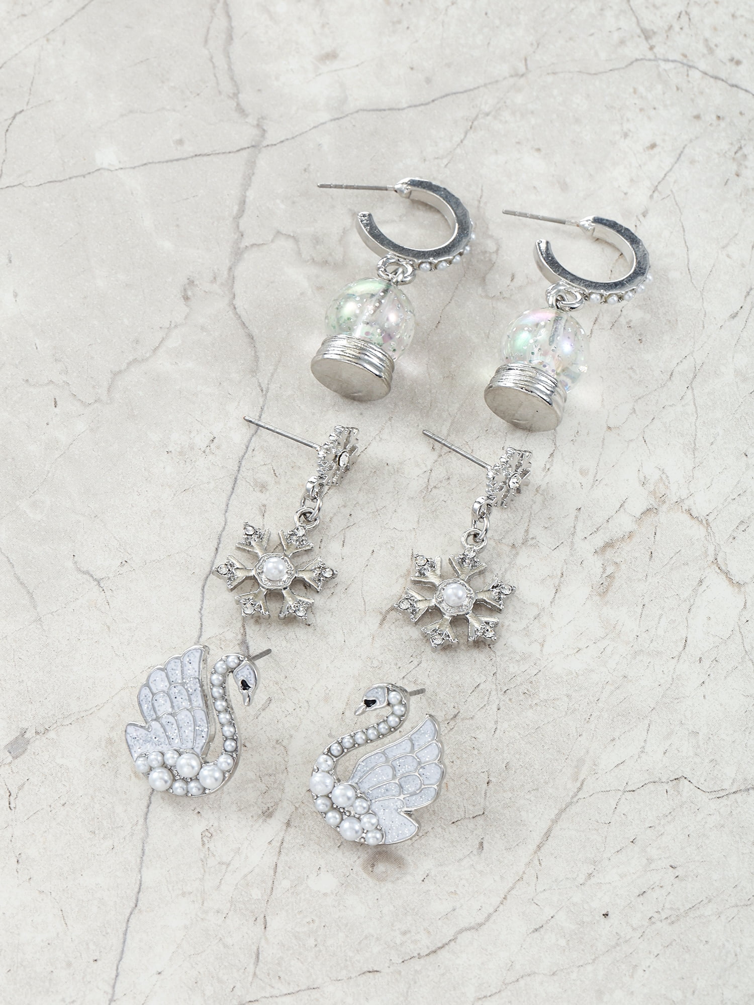 Holiday Time Swan, Snowflake, Snow Globe Earrings, 3 Pairs