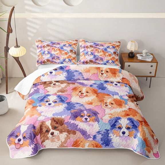 Homewish Watercolor Pet Dog Twin Quilt Set,Kawaii Animal Twin Coverlet Set,Pink Purple,2 Pieces