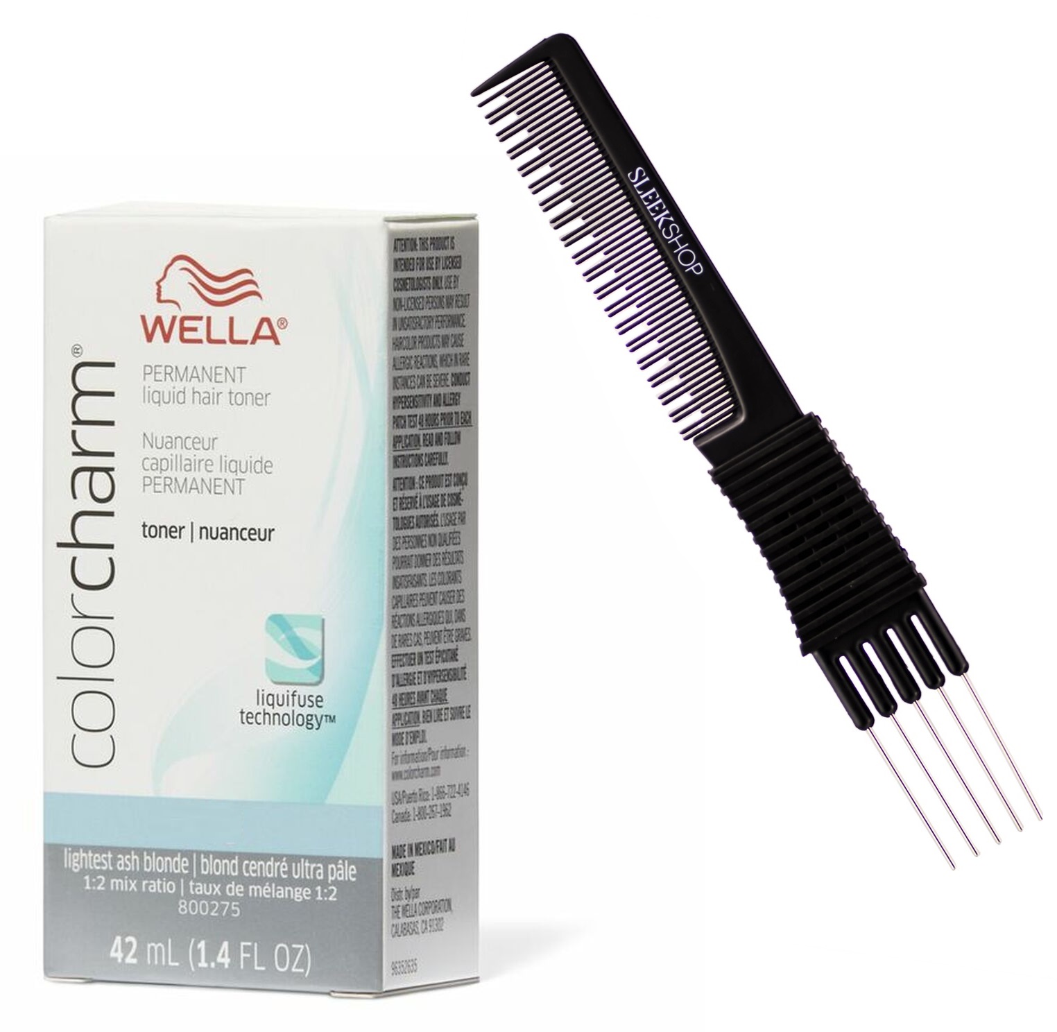 T-18 - Lightest Ash Blonde T18 , Wella Color Charm LIQUID Permanent Hair Toner, Toning Hair Color Dye Haircolor Hair - Pack of 2 w/ Sleek Teasing Comb - image 1 of 1