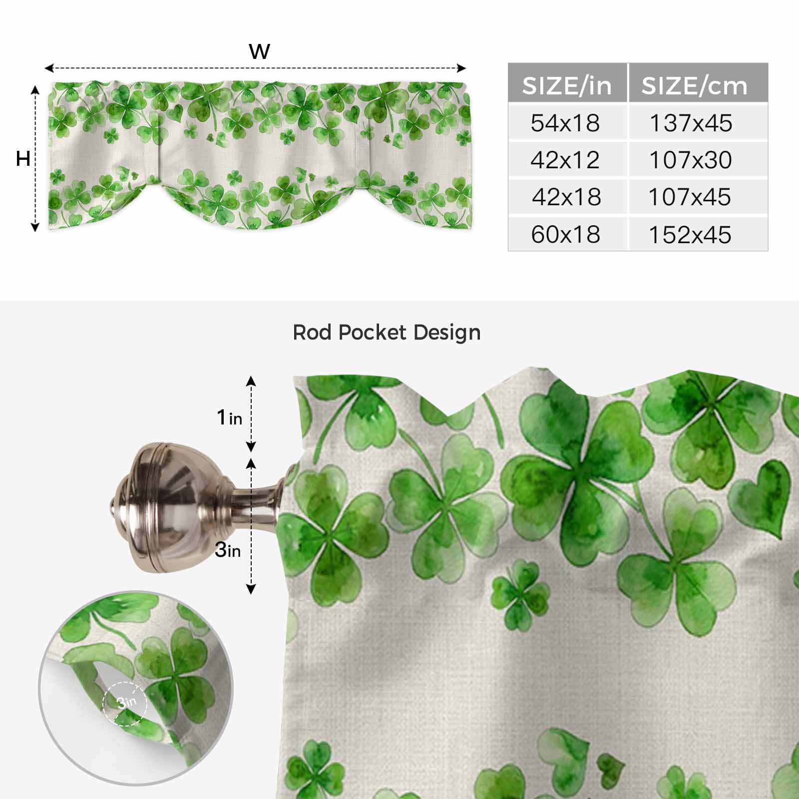 Happy St. Patrick's Day Tie Up Valances Curtain, Green Shamrock Love Art Watercolor Linen Texture Adjustable Rod Pocket Short Window Treatment Tie Up Curtains for Kitchen Living Room 60x18 In