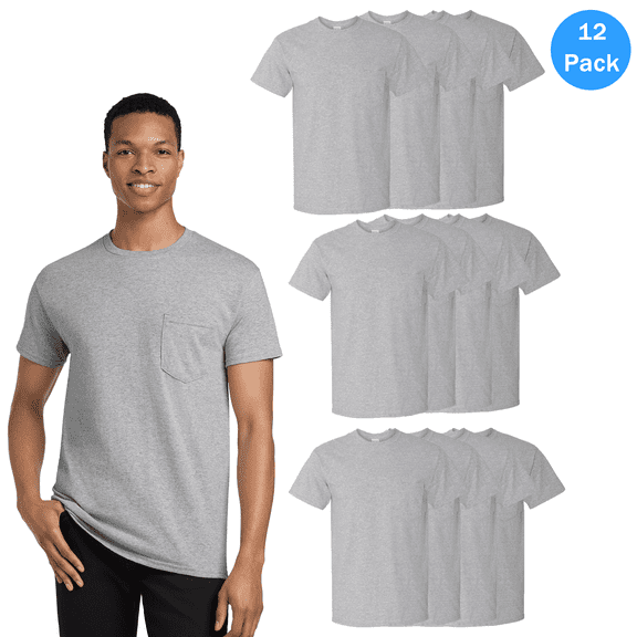 Gildan Heavy Cotton Pocket T-Shirt G530, Men Short Sleeved Sport Grey Shirt, Pack-12 Size: S