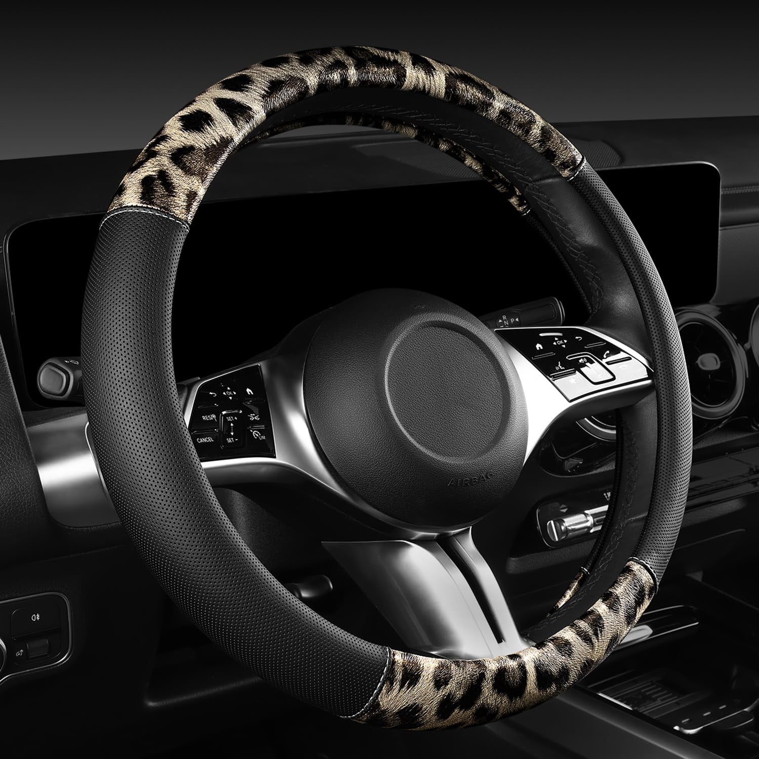CAR PASS Leopard Print Faux Leather Car Seat Covers & Leopard Car Mats&Leopard Steering Wheel Cover Seat Belt Pad Universal Car Accessories for SUV,Van,Saden,Truck Automobile Interior Sets
