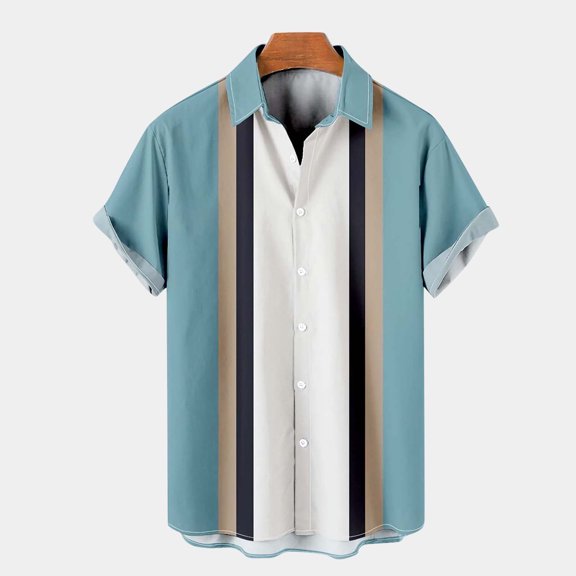 Male Summer Casual Loose Print Shirt Turn Down Short Sleeve Blue M