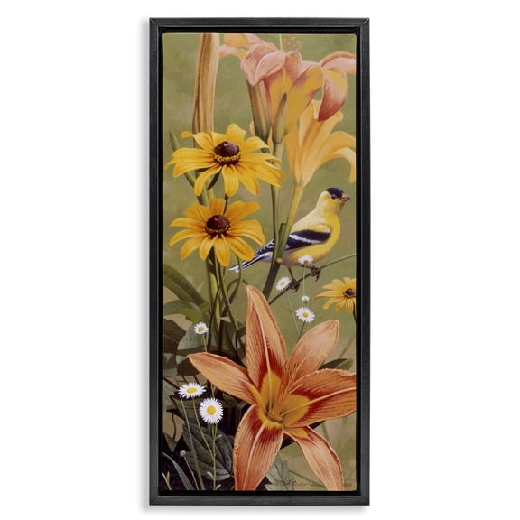 Stupell Industries Among the Flowers Bird Plants & Flowers Painting Black Floater Framed Canvas Art Print Wall Art, 11 x 25