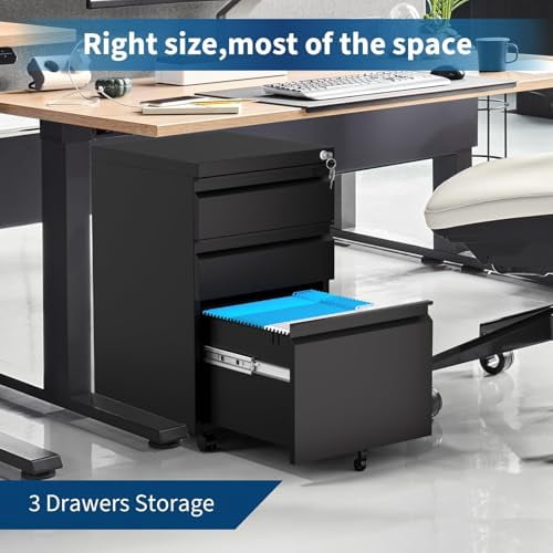 3-Drawer Mobile File Cabinet with Lock, Metal Filing Cabinet on Wheels, Fits Letter/Legal/A4 Files, Space-Saving Under Desk Office Storage Organizer for Home Office, Easy Assembly, Black