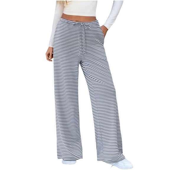 KALE Cotton Pants for Women Womens Wide Leg Women's Striped Drawstring Elastic Waist Knit Baggy Sweatpants With Pockets Women Pants Blue
