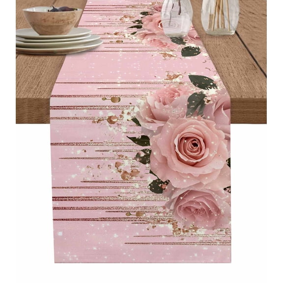 Pink Roses Romantic Table Runner 70 Inches, Watercolor Botanical Floral Bed Runner Dresser Scarves Tabletop for Indoor Outdoor Parties/Ceremony/Banquet, 13" x 70"