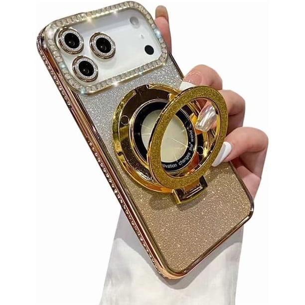 Funda para teléfono con purpurina brillante compatible con iPhone 17 Pro Max, protector de lente de cámara con soporte, cubierta suave con diamantes de imitación brillantes