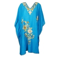 Mogul Women Deep Sky Blue Floral Embroidered Kaftan Dress Kimono Sleeves Resort Wear Housedress Short Caftan 3XL