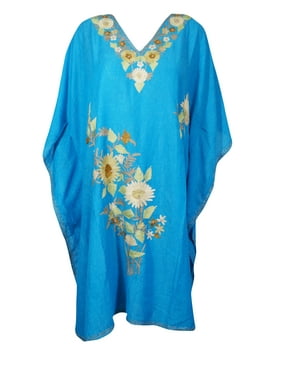 Mogul Women Deep Sky Blue Floral Embroidered Kaftan Dress Kimono Sleeves Resort Wear Housedress Short Caftan 3XL
