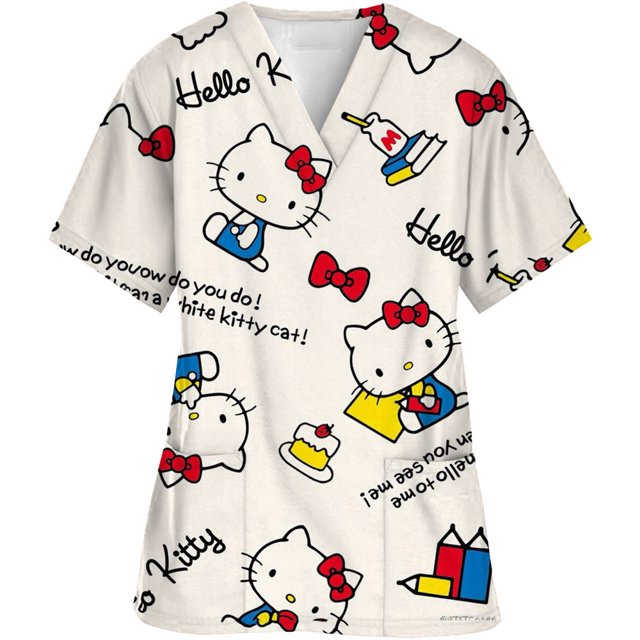 Camiseta con estampado de Hello Kitty para mujer, uniforme de enfermera, cuello en V, clínica, Hospital, Spa