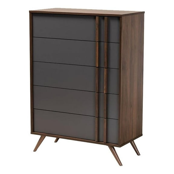 Bowery Hill Modern 5-Drawer Engineered Wood Bedroom Chest in Gray/Walnut Brown