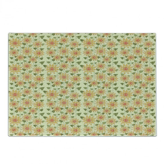 Sunflower Cutting Board, Floral Nature Pattern in Patchwork Style Rustic Country Design, Decorative Tempered Glass Cutting and Serving Board, Small Size, Olive Green Orange, by Ambesonne