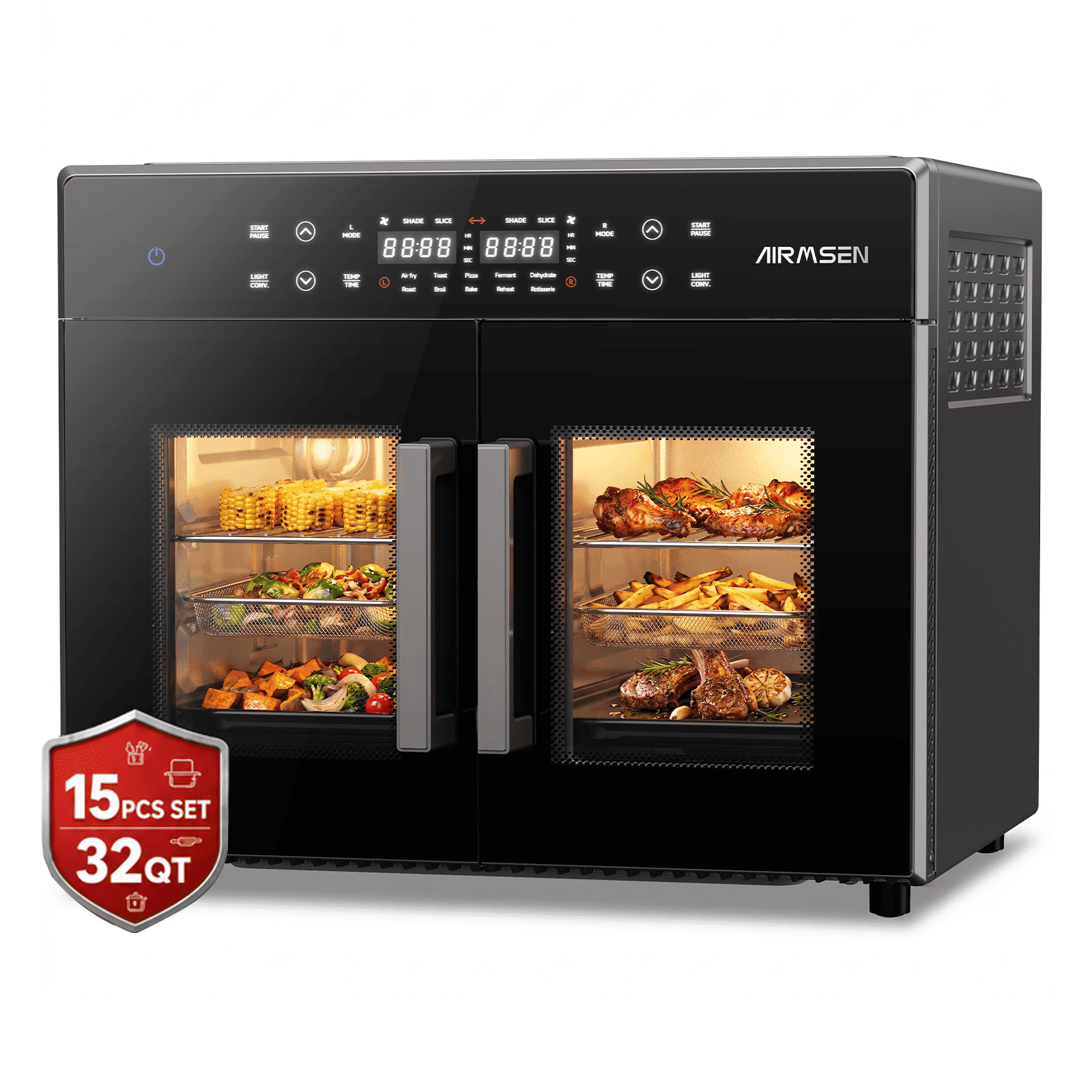 AIRMSEN 32 QT Dual Zone Air Fryer Toaster Oven Combo, 15 PCS Set, French Door Countertop Convection Oven, 1800W, 450°F Max Temp, Touchscreen, 360° Auto Rotisserie Spit, Bake, Broil, Roast