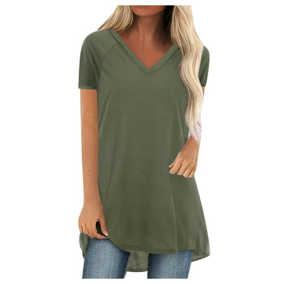 wendunide shirts for women Women Fashion Plus Size Print V Neck Short Sleeved Long T-shirt Blouse Green L