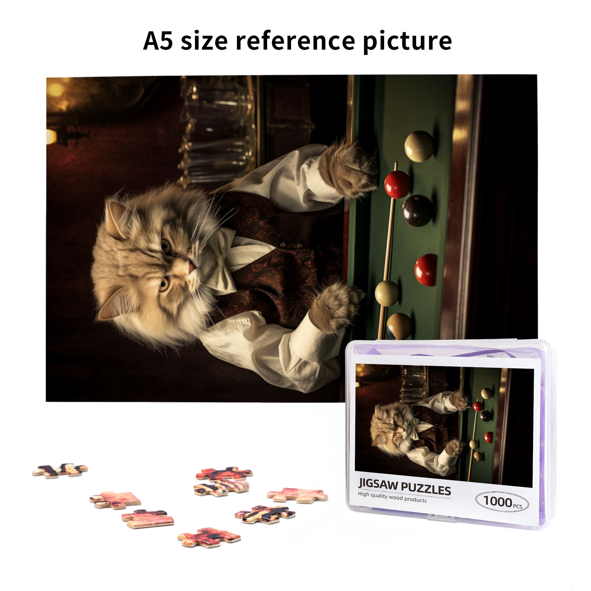 1000 PCS Cat'S Billiards Time 1000 Piece Puzzle For Adults,Funny Animal Wooden Puzzles Art Artwork,Enjoy The Puzzle Solving Process,Gift For Cat & Billiards Lovers,Unique And Beautiful Design