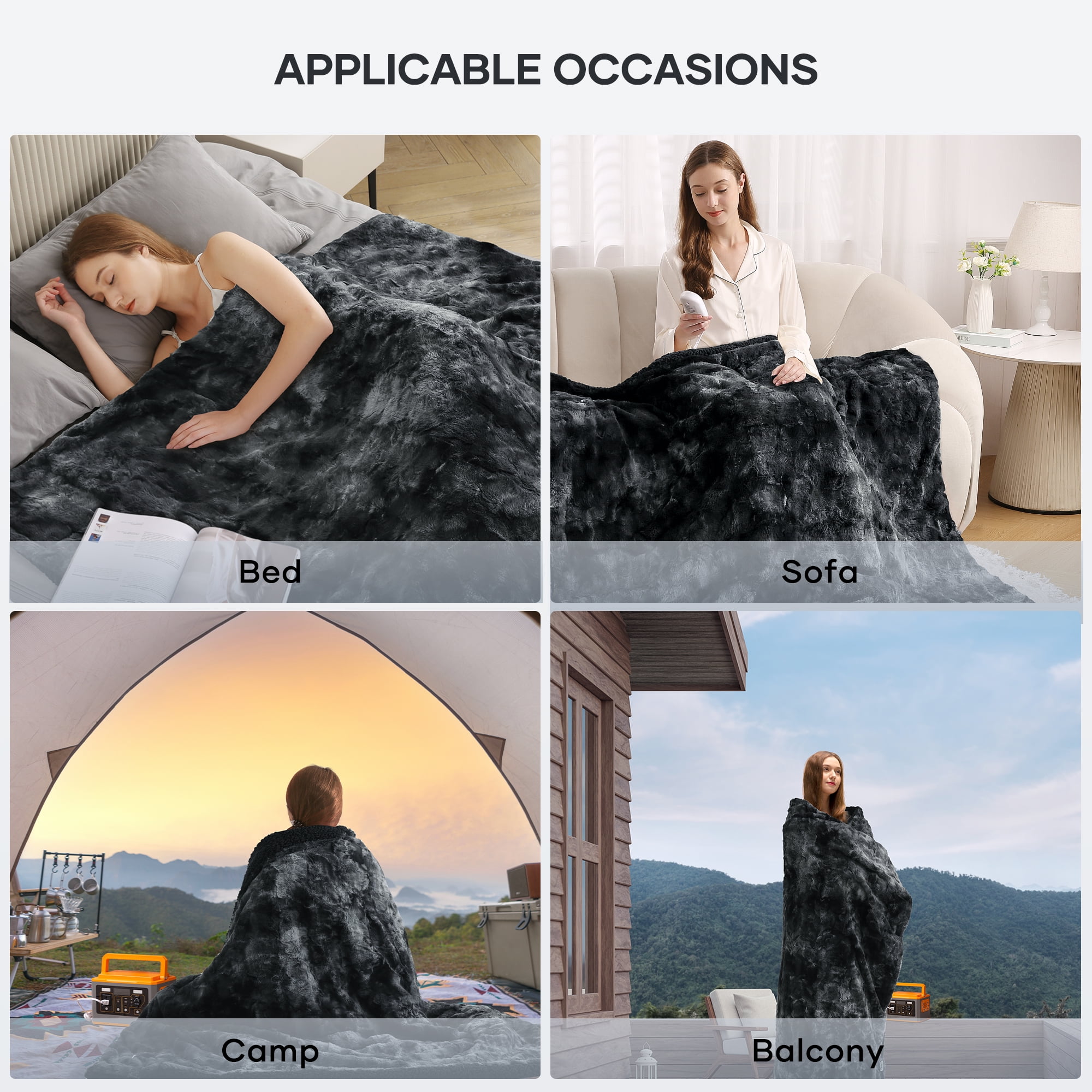 MARNUR Heated Blanket Electric Throw 50" x 60", Soft Faux Fur & Shu Velvet Heated Throw Blanket, 6 Heating Levels, 4 Hours Timer, Tie-Dye Off Black