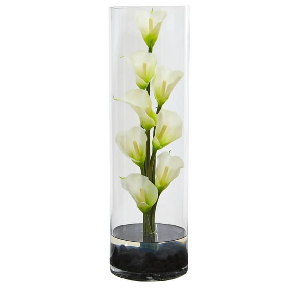 Nearly Natural 20 in. Calla Lily Artificial Arrangement in Cylinder Glass Vase