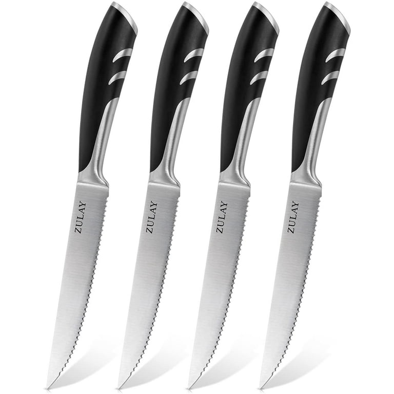 Zulay Kitchen Serrated Steak Knives - Stainless Steel Steak Knife Set of 4  with Non Slip Handles