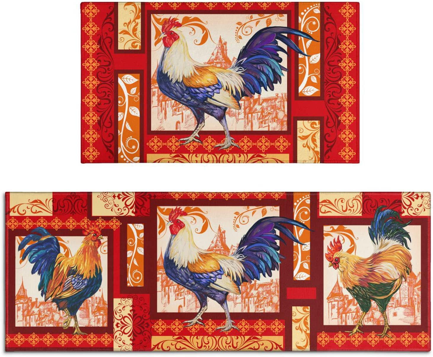 Rooster Kitchen Rug Kitchen Mat Set of 2, Red Kitchen Rugs Farmhouse Style, Unique Rooster and