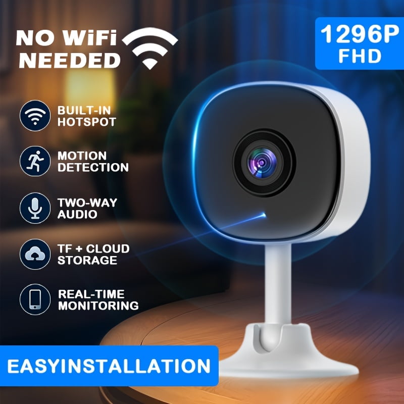 3MP Indoor Security Camera, No WiFi Needed with Built-in AP Hotspot, Motion Detection, IR Night Vision, Two-Way Audio, Remote Monitoring, Supports 256GB TF Card & Cloud Storage