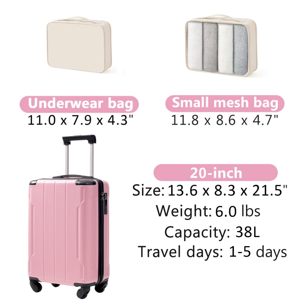 20-Inch Hardshell Carry-On Luggage, Lightweight ABS Suitcase with Spinner Wheels, TSA Lock & Packing Cubes