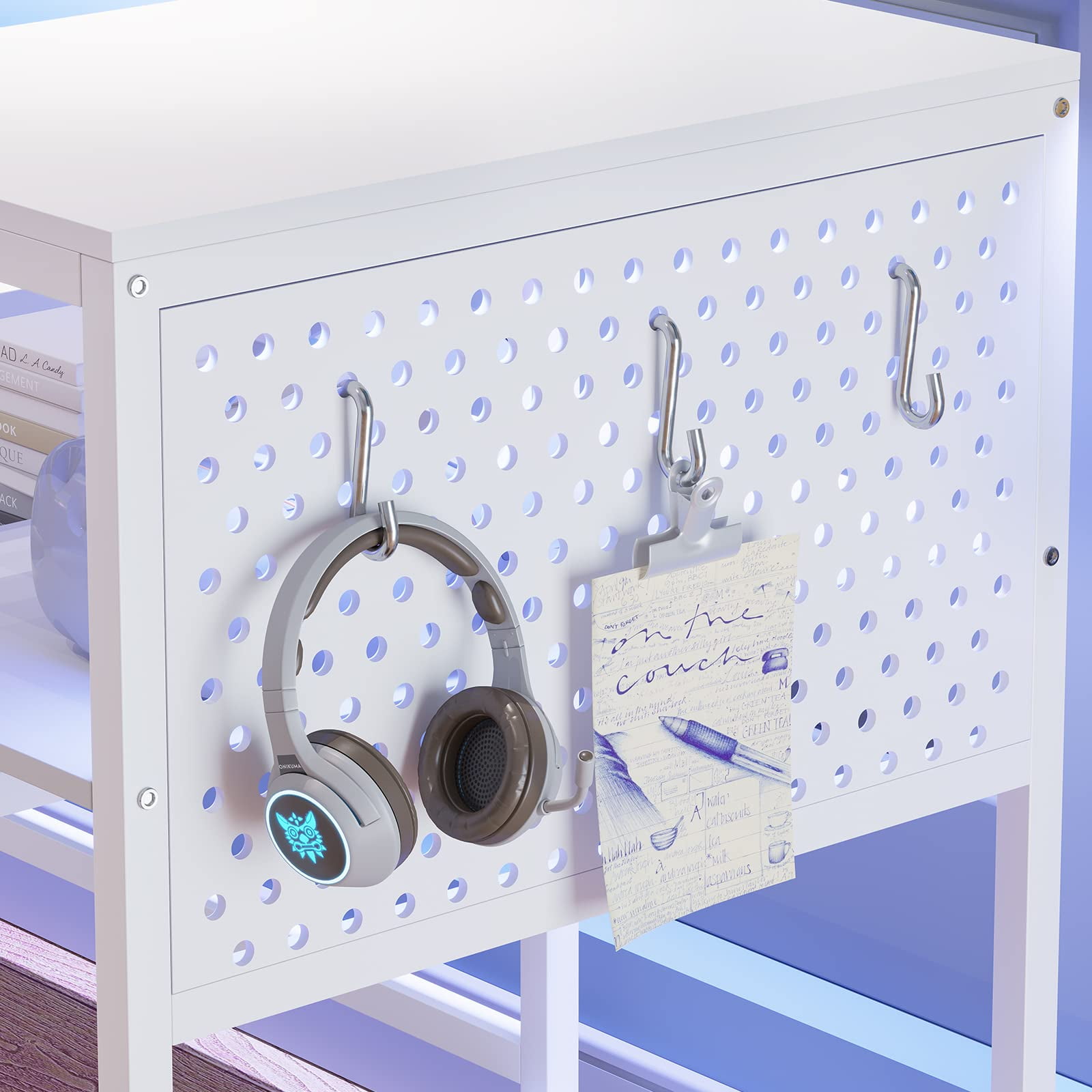 L-Shaped Computer Desk with Power Outlets & LED Lights, Reversible Corner Gaming Desk with Monitor Stand & Storage Shelves, White
