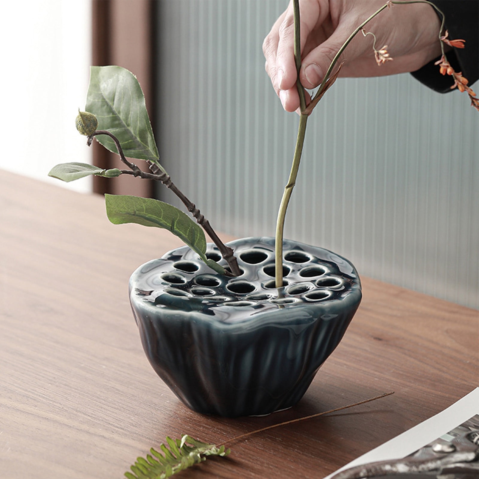 Ceramic Lotus Pod Vase Chinese Style Flower Arrangement For Dried Fresh Hydroponic Plants Tea Table Decor Blue