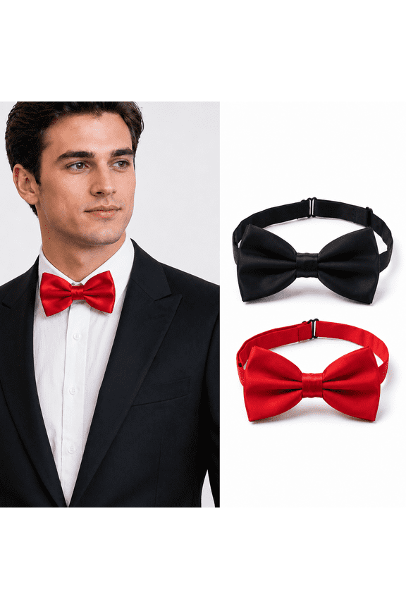 Bow Ties Men's Bow Ties Clip On Formal Solid Tuxedo Adjustable Pre-Tied Bow Ties for Men Red and Black 2 Pcs