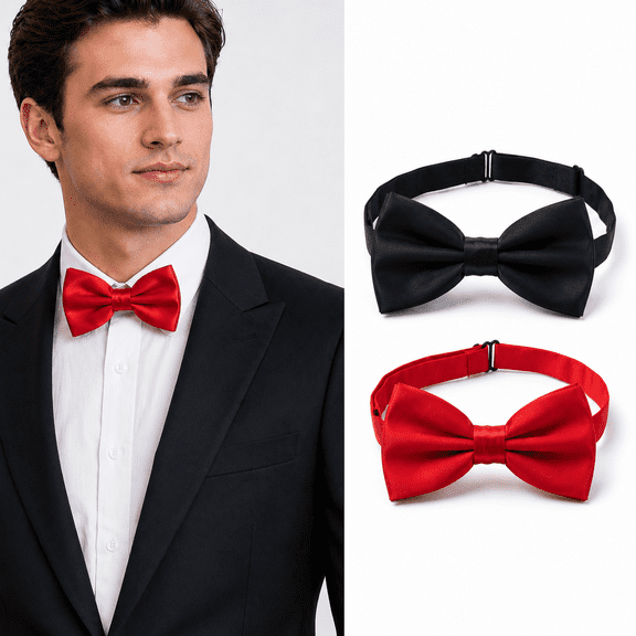 Bow Ties Men's Bow Ties Clip On Formal Solid Tuxedo Adjustable Pre-Tied Bow Ties for Men Red and Black 2 Pcs
