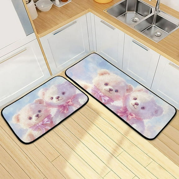Teddy Bears Pink Bows Kitchen Mats Non Slip Standing Desk Mat Runner Rug Washable Kitchen Rugs for Floor 2PCS