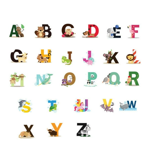 26 piezas de calcomanías de pared con alfabeto de PVC para habitaciones de niños, pegatinas de pared decorativas con animales ABC para salas de juegos