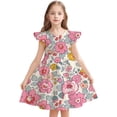 thumbnail image 2 of Bainana Dresses For Girls Toddler Floral Print Ruffled Sleeve Crew Neck Dress Breathable Soft Little Girls Summer Holiday School Casual Loose Fit Dress Pink Size 9-10 Years, 2 of 3