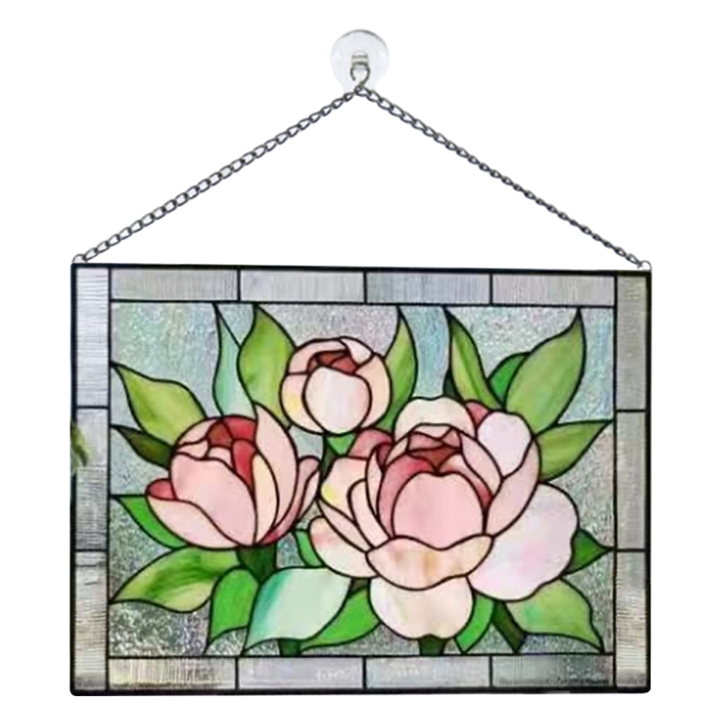 Stained Gla Window Hangings Stained Gla Window Panel Gorgeous Flowers With Chain Art Style Peony Walmart Com