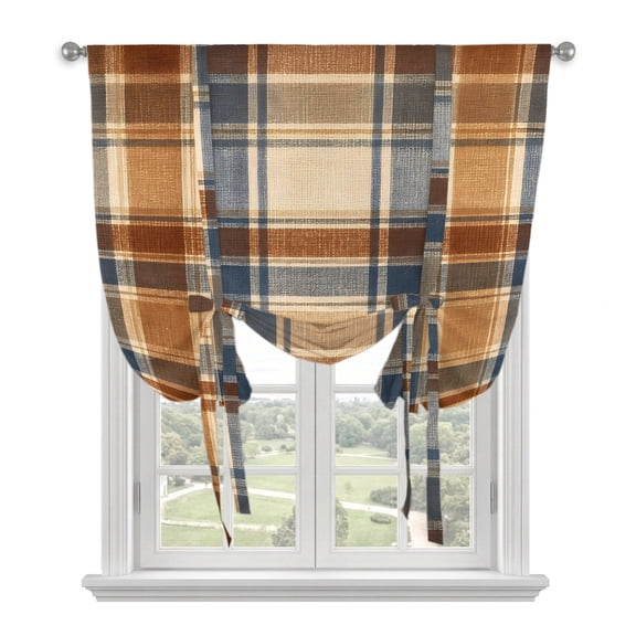 Blue Brown Checked Balloon Curtains for Windows, Bedroom Curtains 54 Inch Length, Beige Buffalo Plaid Farmhouse Tie Up Curtains Panels Thermal Insulated Bathroom Curtains Window 42"x54"