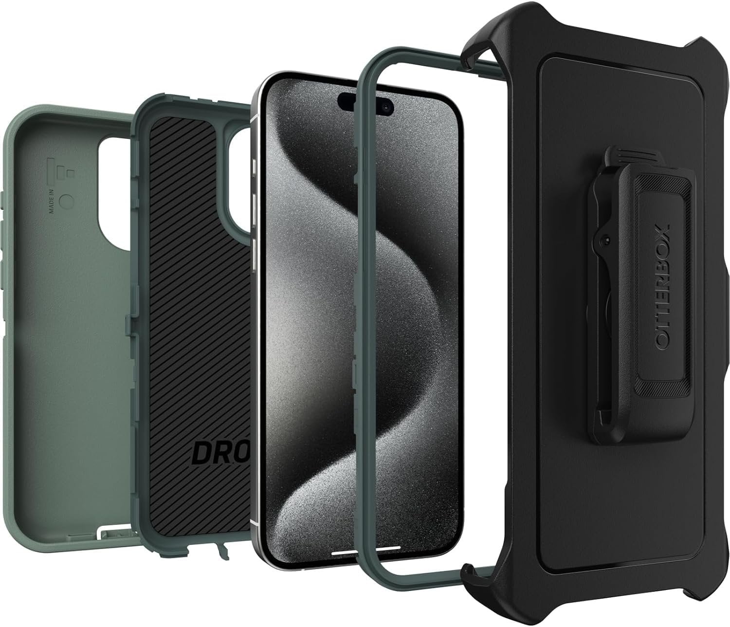 OtterBox iPhone 15 Pro Max Only - Defender Series Case - Forest Ranger Green - Screenless - Rugged & Durable - with Port Protection - Holster Clip includes - Non-Retail Packaging