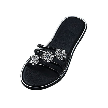 CHOII 50% off Clearance Women Slippers Girls Flat Bohemian Style Casual Sandals Beach Shoes Floral Rhinestones Thong Sandals for Womens Cushionaire Sandals Summer Sandals for Women 2024 Black/6.5