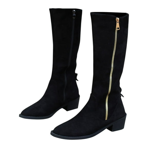 Women’s Fashion Wide Calf Boots Pointed Toe Suede Leopard Side Zipper Knee High Boots, Women Knee High Boots Chunky Block Heel Wide Calf Fashion Dress Boot
