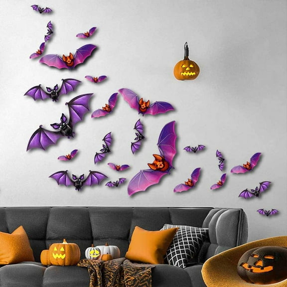 24PCS Realistic 3D Bat Wall Decor for Halloween Party Supplies, Halloween Bats Stickers for Indoor Outdoor Home Decor, Window Decals, Bathroom Kitchen Gothic Halloween Decorations