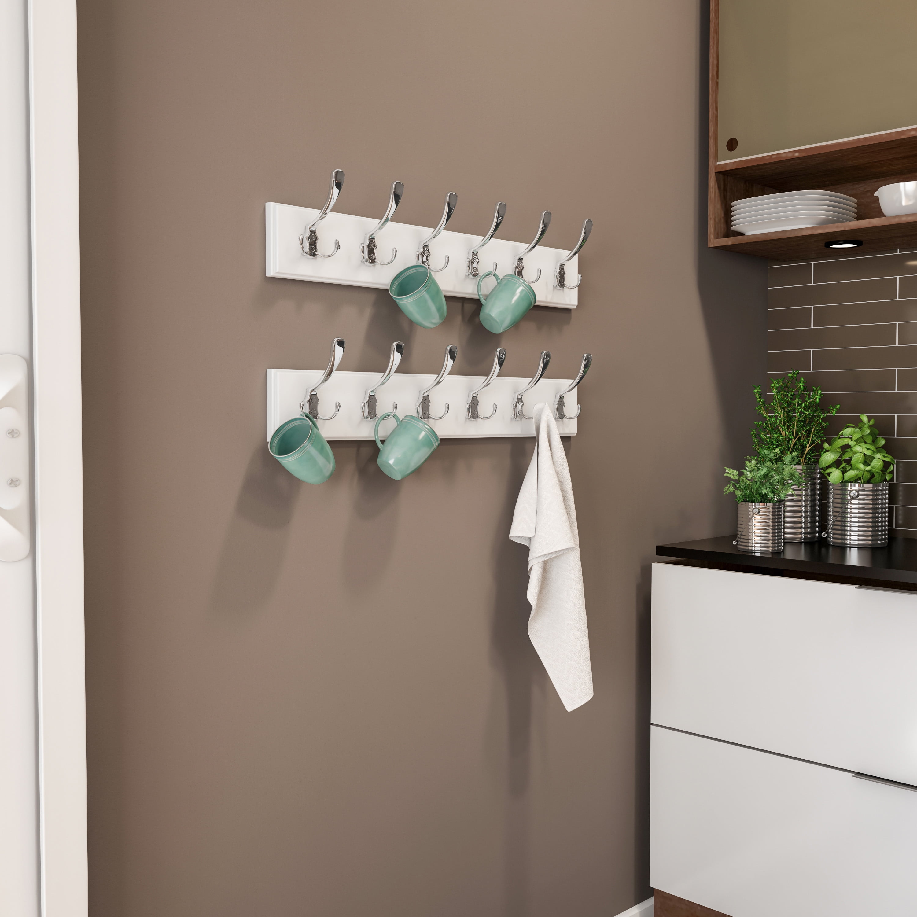 Wall Hook Rail-Mounted Hanging Rack With 6 Hooks-Entryway, Hallway, Or Bedroom-Storage Organization For Coats, Towels, Bags By Lavish Home (White)