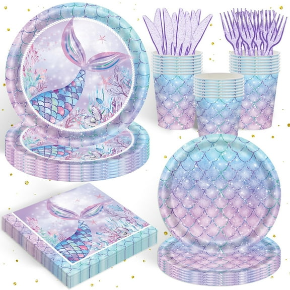 120PCS Mermaid Themed Party Supplies for Girls Baby Shower Under the Sea Mermaid Birthday Party Decorations Ocean Party Tableware Plates Cups Napkins Knives Forks