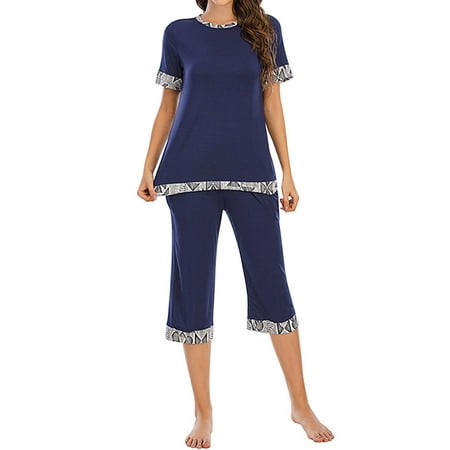 

ZXZY Women Leopard Geometric Print Short Sleeve Tee Capri Pants Pajamas Set
