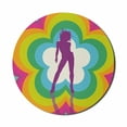 thumbnail image 1 of 70s Party Mouse Pad for Computers, Vibrant Colorful Flowers with Dancing Woman Silhouette on Retro Design Backdrop, Round Non-Slip Thick Rubber Modern Mousepad, 8" Round, Multicolor, by Ambesonne, 1 of 2